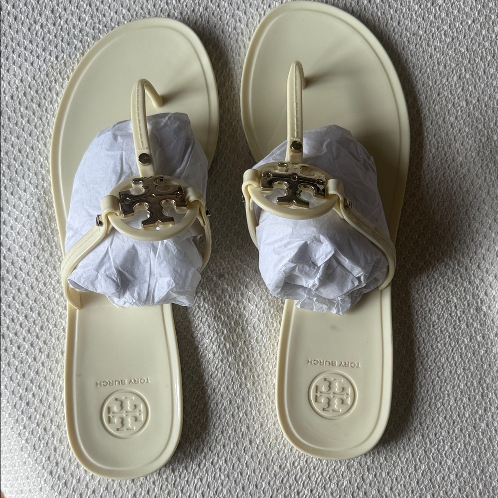 Tory Burch White and Gold Sandals - Picture 2 of 9
